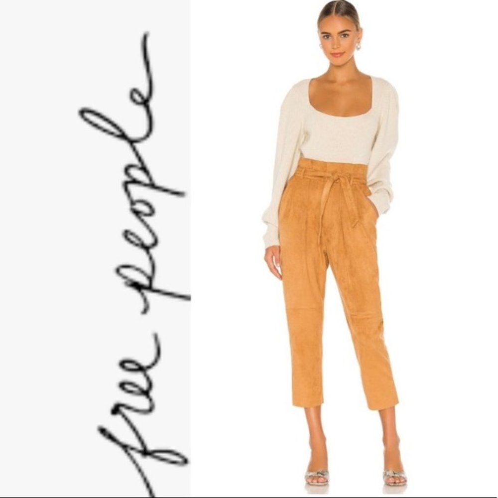FREE PEOPLE Nightfall Vegan Suede High Rise Paperbag Pants In Camel Brown 4